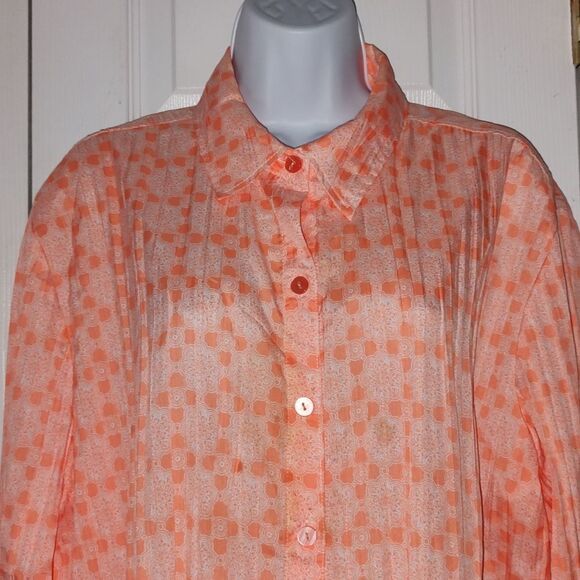 Chico's light orange and white pleated button down long sleeve shirt  Sz 3  (16) - Picture 3 of 7